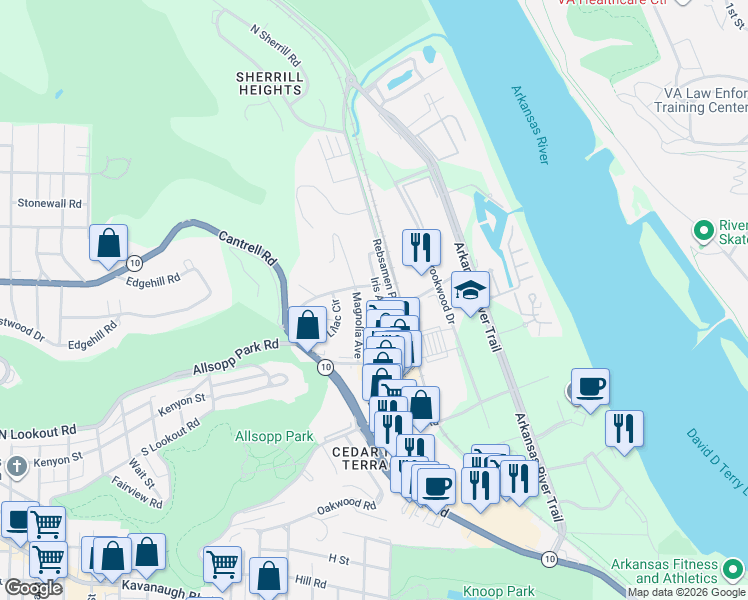 map of restaurants, bars, coffee shops, grocery stores, and more near 1712 Magnolia Avenue in Little Rock