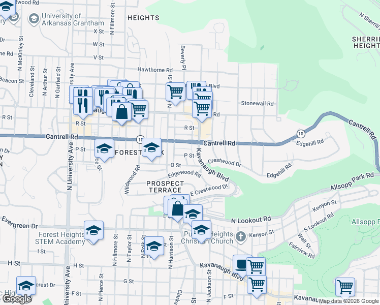 map of restaurants, bars, coffee shops, grocery stores, and more near 1620 Blair Street in Little Rock
