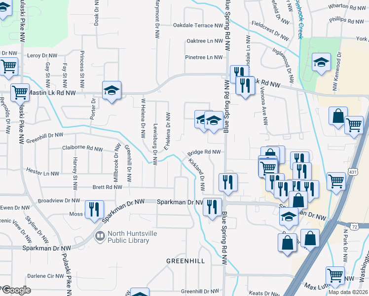 map of restaurants, bars, coffee shops, grocery stores, and more near 2622 Bridge Road Northwest in Huntsville