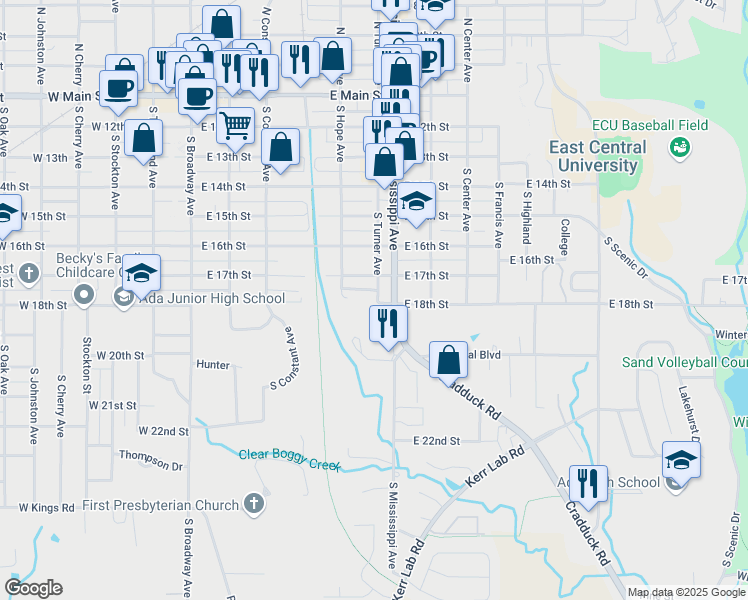 map of restaurants, bars, coffee shops, grocery stores, and more near 729 South Turner Avenue in Ada
