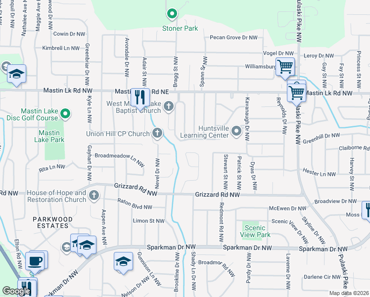 map of restaurants, bars, coffee shops, grocery stores, and more near 3130 Cumbres Circle Northwest in Huntsville
