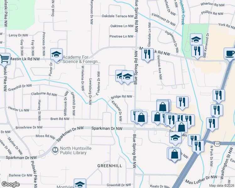 map of restaurants, bars, coffee shops, grocery stores, and more near 2616 Bridge Road Northwest in Huntsville