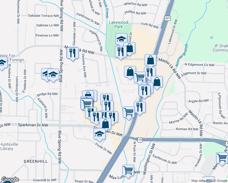 map of restaurants, bars, coffee shops, grocery stores, and more near 2432 Mount Vernon Road Northwest in Huntsville