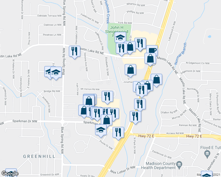 map of restaurants, bars, coffee shops, grocery stores, and more near 2411 Mount Vernon Road Northwest in Huntsville