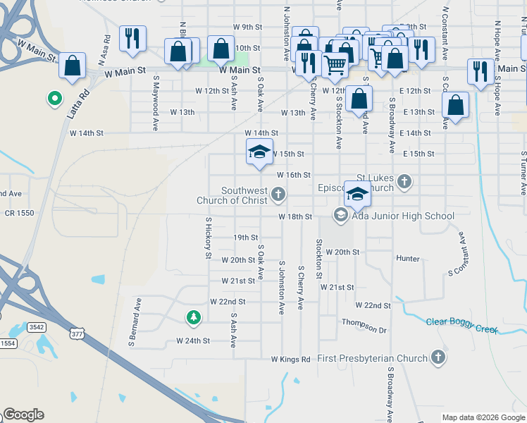 map of restaurants, bars, coffee shops, grocery stores, and more near 601 West 18th Street in Ada