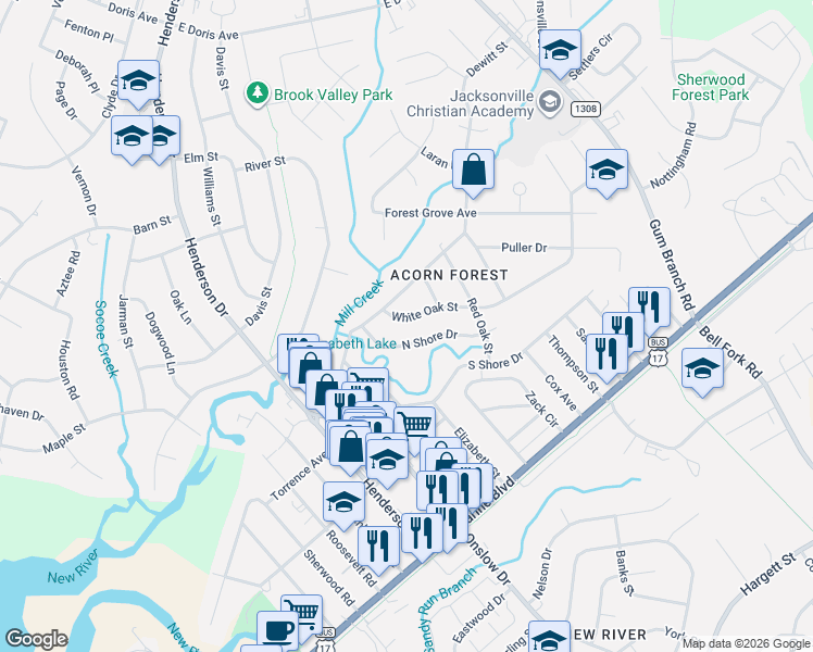 map of restaurants, bars, coffee shops, grocery stores, and more near 101 North Shore Drive in Jacksonville