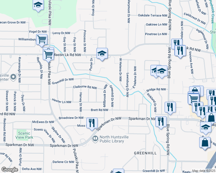 map of restaurants, bars, coffee shops, grocery stores, and more near 3210 Millbrook Drive Northwest in Huntsville