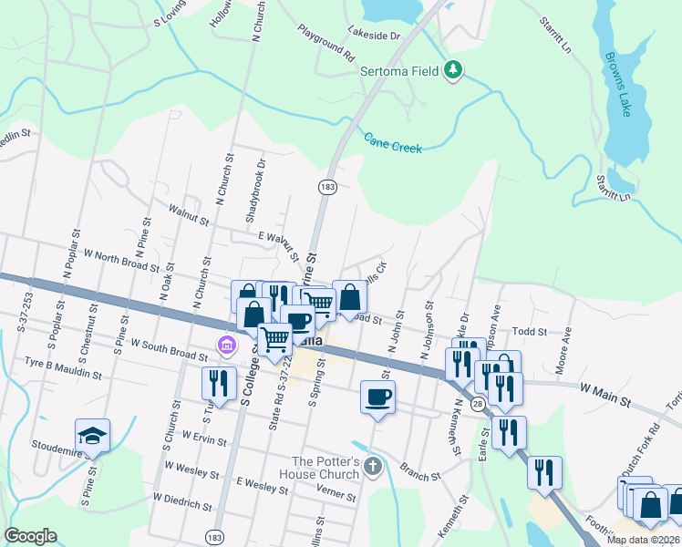 map of restaurants, bars, coffee shops, grocery stores, and more near North Spring Street in Walhalla