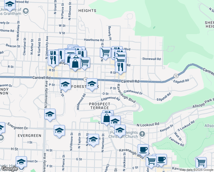 map of restaurants, bars, coffee shops, grocery stores, and more near 1620 Blair Street in Little Rock