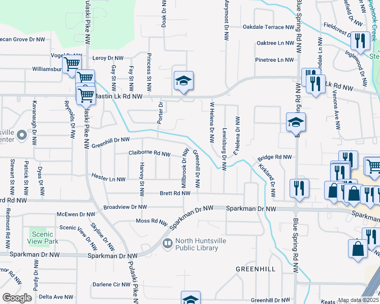 map of restaurants, bars, coffee shops, grocery stores, and more near 3210 Millbrook Drive Northwest in Huntsville