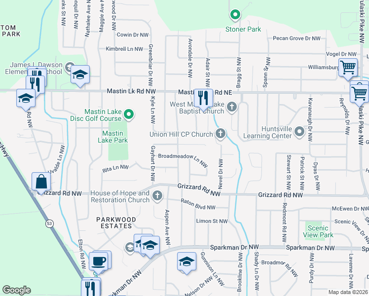 map of restaurants, bars, coffee shops, grocery stores, and more near 4644 Broadmeadow Lane Northwest in Huntsville