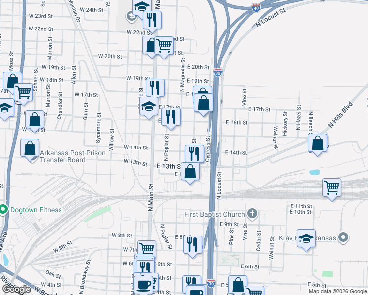 map of restaurants, bars, coffee shops, grocery stores, and more near 1401 North Magnolia Street in North Little Rock