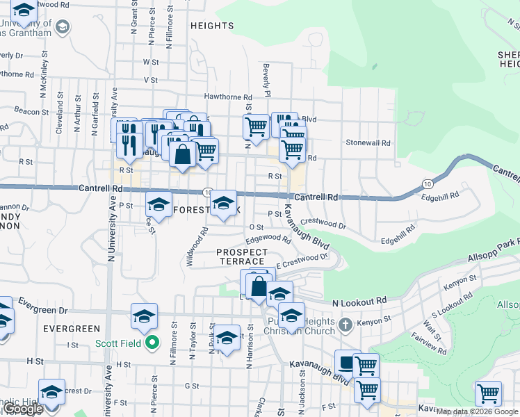 map of restaurants, bars, coffee shops, grocery stores, and more near 1620 Blair Street in Little Rock