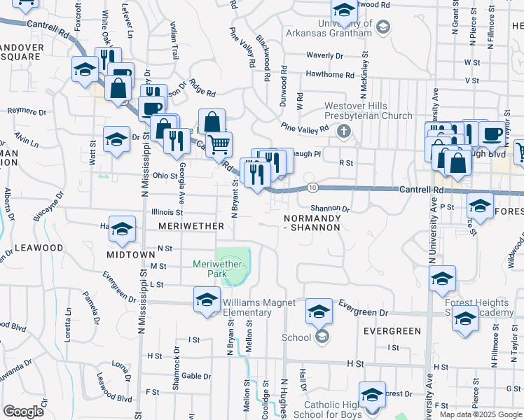 map of restaurants, bars, coffee shops, grocery stores, and more near 1701 North Bryant Street in Little Rock
