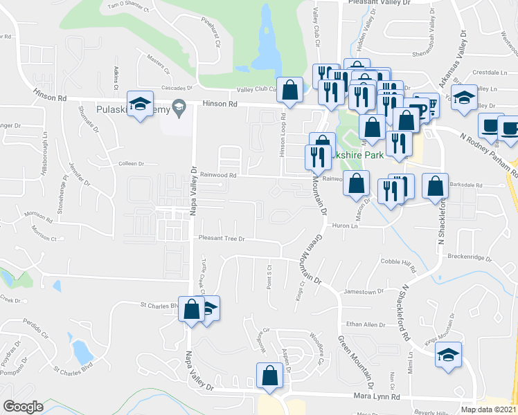 map of restaurants, bars, coffee shops, grocery stores, and more near 1406 Pickering Drive in Little Rock