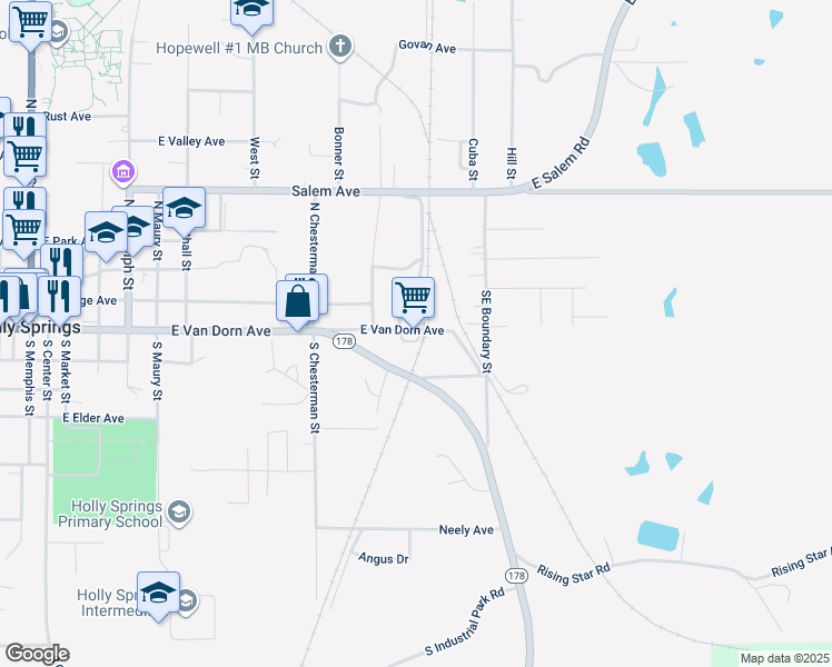 map of restaurants, bars, coffee shops, grocery stores, and more near 327 East Van Dorn Avenue in Holly Springs