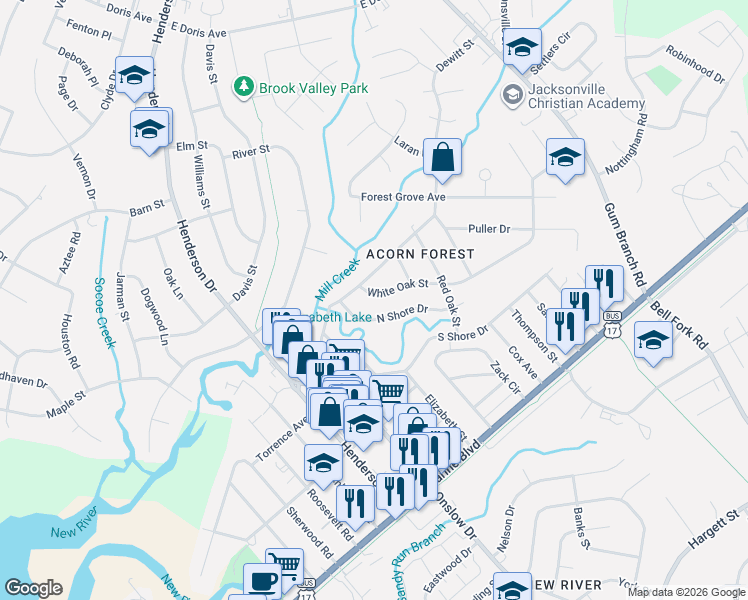 map of restaurants, bars, coffee shops, grocery stores, and more near 101 North Shore Drive in Jacksonville