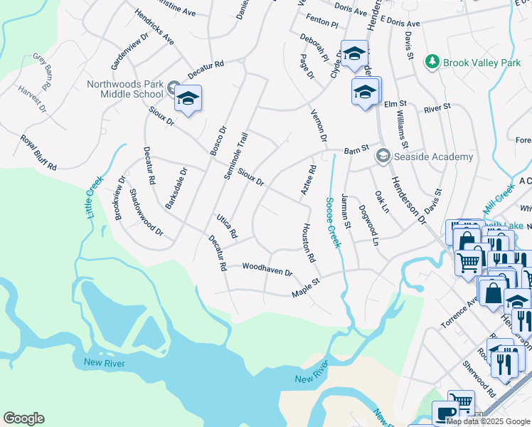 map of restaurants, bars, coffee shops, grocery stores, and more near 307 Creon Court in Jacksonville