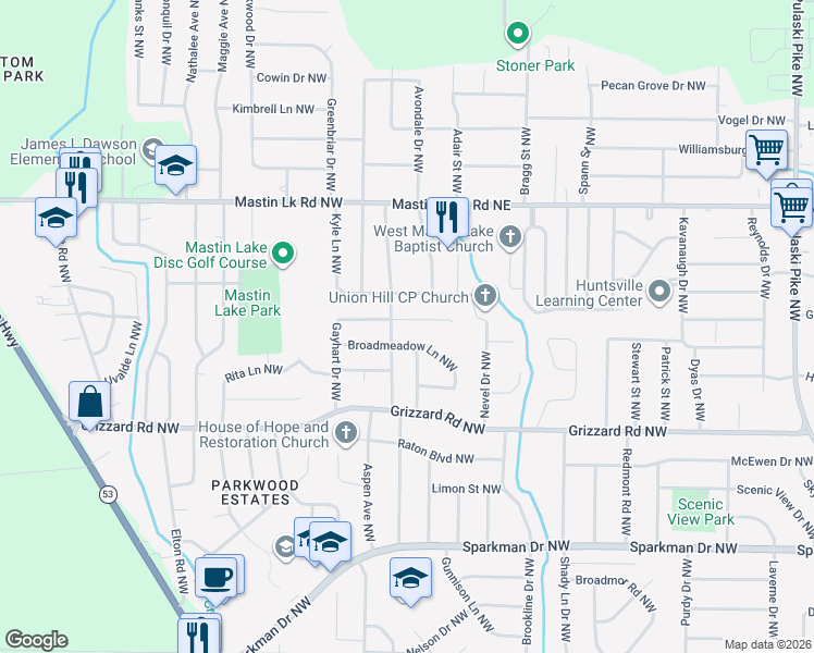 map of restaurants, bars, coffee shops, grocery stores, and more near 4644 Broadmeadow Lane Northwest in Huntsville
