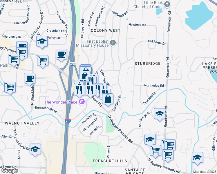 map of restaurants, bars, coffee shops, grocery stores, and more near 1604 Tarrytown Road in Little Rock