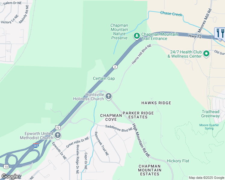 map of restaurants, bars, coffee shops, grocery stores, and more near 4250 High Mountain Road Northeast in Huntsville