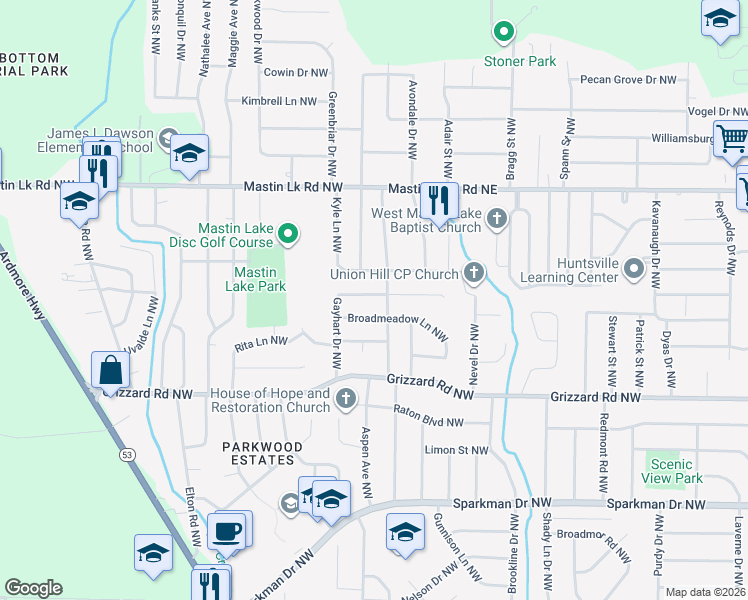 map of restaurants, bars, coffee shops, grocery stores, and more near 3124 Gayhart Drive Northwest in Huntsville