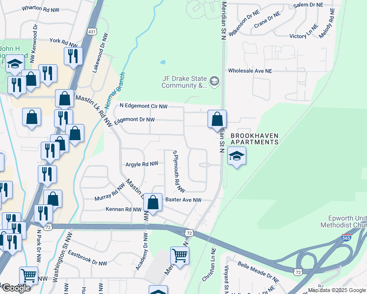 map of restaurants, bars, coffee shops, grocery stores, and more near 237 Richmond Drive Northwest in Huntsville