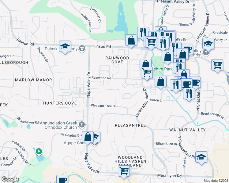 map of restaurants, bars, coffee shops, grocery stores, and more near 1406 Pickering Drive in Little Rock