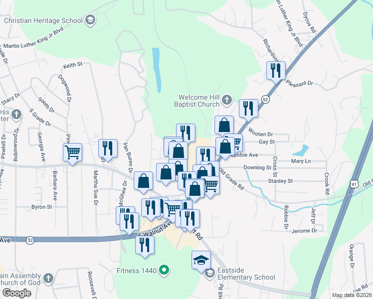 map of restaurants, bars, coffee shops, grocery stores, and more near 2545 East Walnut Avenue in Dalton
