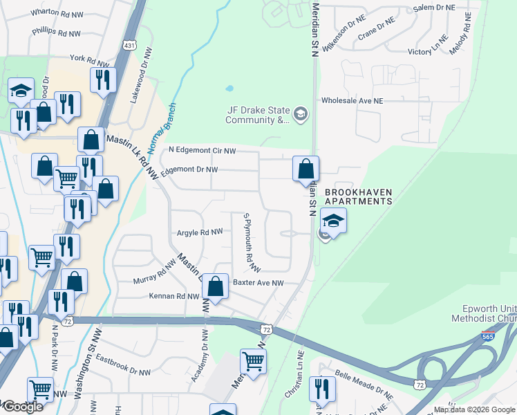 map of restaurants, bars, coffee shops, grocery stores, and more near 237 Richmond Drive Northwest in Huntsville