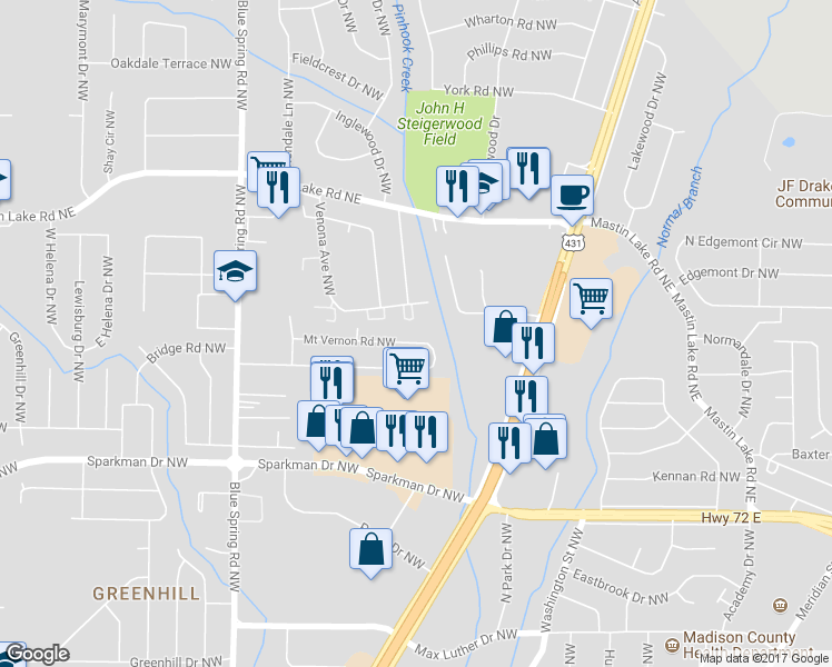map of restaurants, bars, coffee shops, grocery stores, and more near 2432 Mount Vernon Road Northwest in Huntsville