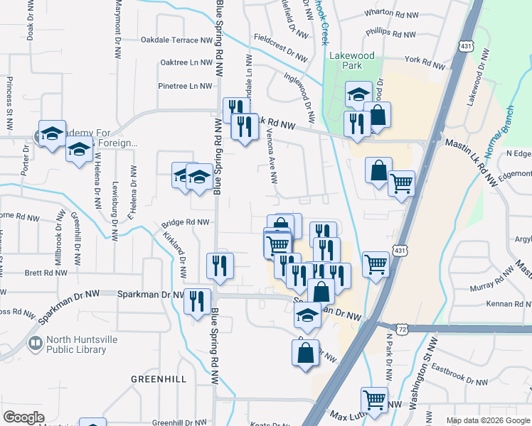 map of restaurants, bars, coffee shops, grocery stores, and more near 3204 Yale Circle Northwest in Huntsville