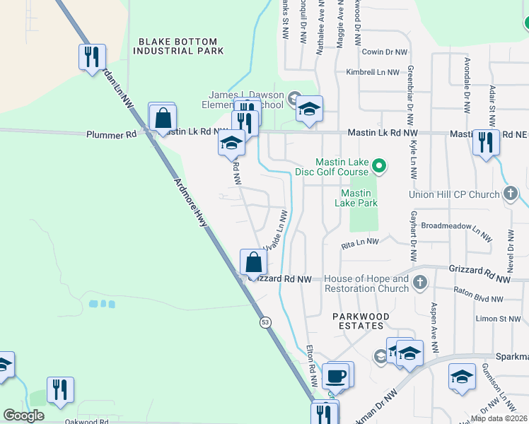 map of restaurants, bars, coffee shops, grocery stores, and more near 3116 Lodge Road Northwest in Huntsville