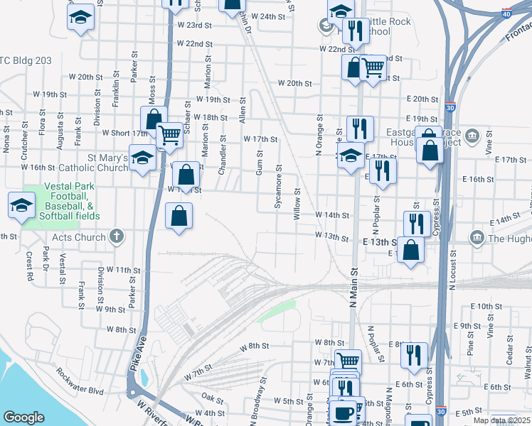 map of restaurants, bars, coffee shops, grocery stores, and more near 1305 Sycamore Street in North Little Rock