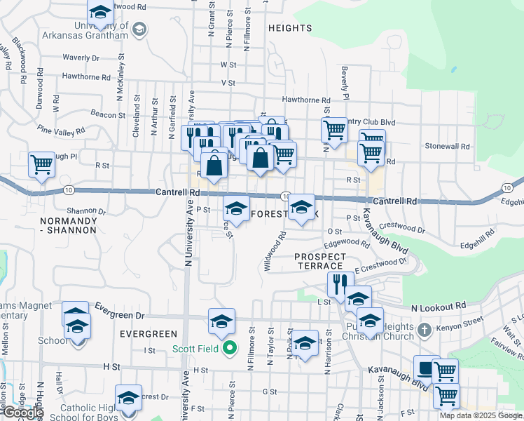map of restaurants, bars, coffee shops, grocery stores, and more near 1615 North Taylor Street in Little Rock