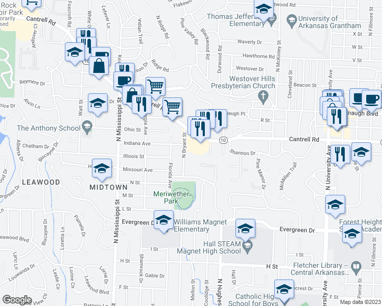 map of restaurants, bars, coffee shops, grocery stores, and more near 1601 North Bryant Street in Little Rock