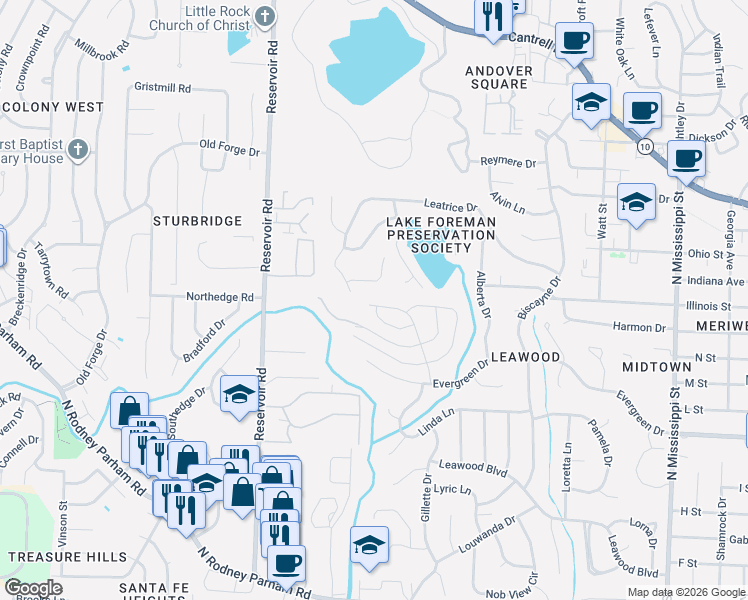 map of restaurants, bars, coffee shops, grocery stores, and more near 17 Erinwood Drive in Little Rock