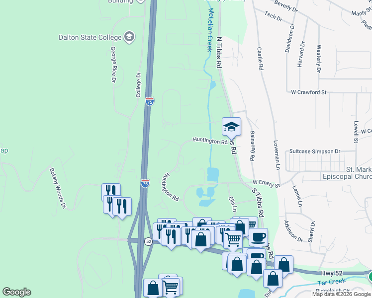 map of restaurants, bars, coffee shops, grocery stores, and more near 1883 Huntington Road in Dalton