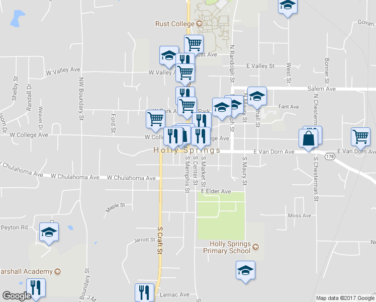 map of restaurants, bars, coffee shops, grocery stores, and more near Highway 178 in Holly Springs