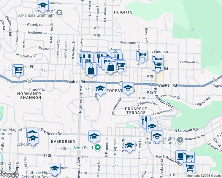 map of restaurants, bars, coffee shops, grocery stores, and more near 1615 North Taylor Street in Little Rock