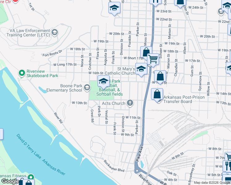 map of restaurants, bars, coffee shops, grocery stores, and more near 1310 Frank Street in North Little Rock