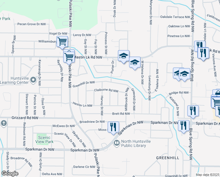 map of restaurants, bars, coffee shops, grocery stores, and more near 3212 Harvey Street Northwest in Huntsville