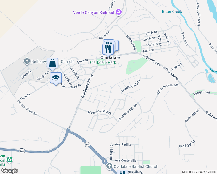 map of restaurants, bars, coffee shops, grocery stores, and more near 310 Spirit Circle in Clarkdale