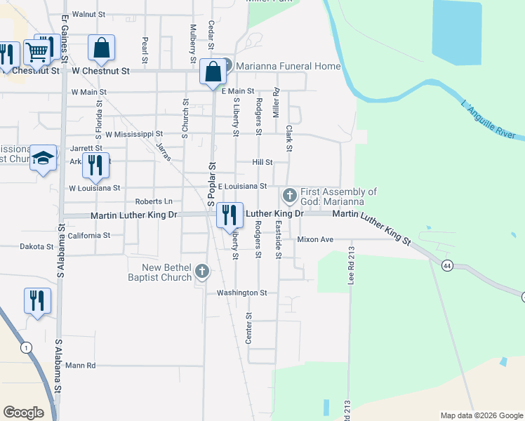 map of restaurants, bars, coffee shops, grocery stores, and more near 243 Rodgers Street in Marianna