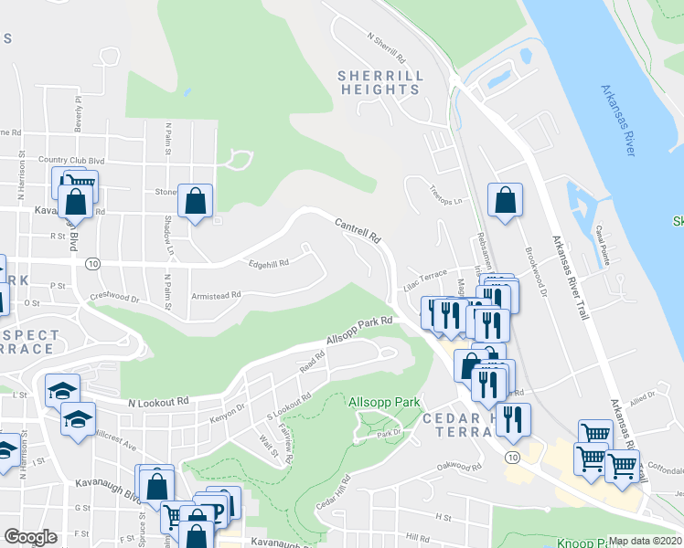 map of restaurants, bars, coffee shops, grocery stores, and more near 32 Edgehill Rd in Little Rock