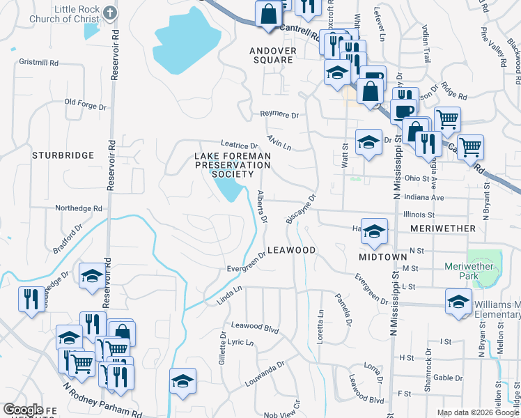 map of restaurants, bars, coffee shops, grocery stores, and more near 1709 Alberta Drive in Little Rock