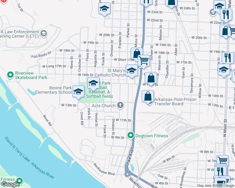 map of restaurants, bars, coffee shops, grocery stores, and more near 1308 Franklin Street in North Little Rock