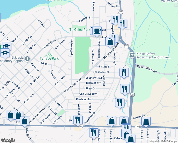 map of restaurants, bars, coffee shops, grocery stores, and more near 3614 North Jackson Highway in Sheffield