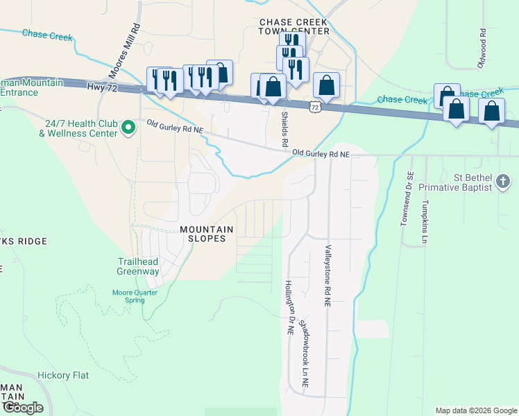 map of restaurants, bars, coffee shops, grocery stores, and more near 110 Bridgestone Drive Northeast in Huntsville