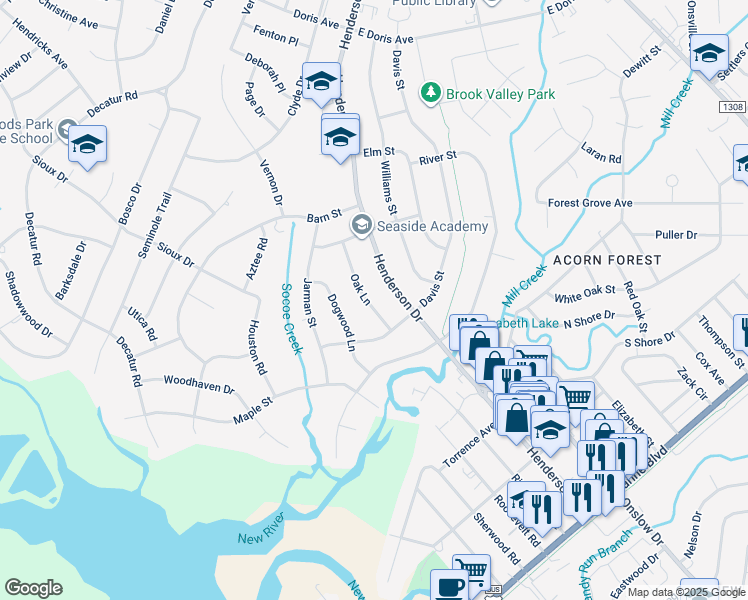 map of restaurants, bars, coffee shops, grocery stores, and more near 510 Oak Lane in Jacksonville